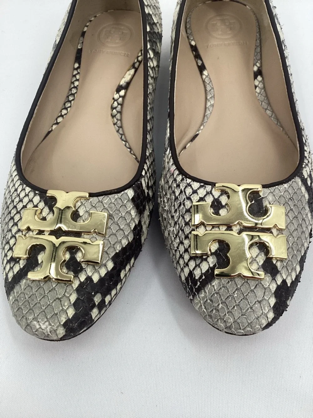 Tory Burch Georgia Snake-Print Ballet Flats with Gold Logo